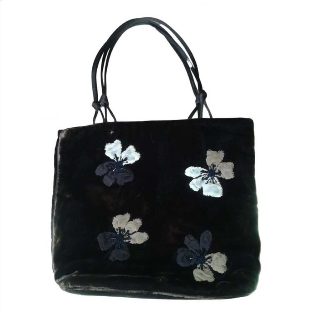 Prada Brown Velvet Bag with silk embroidered flowers on chocolate colored velvet